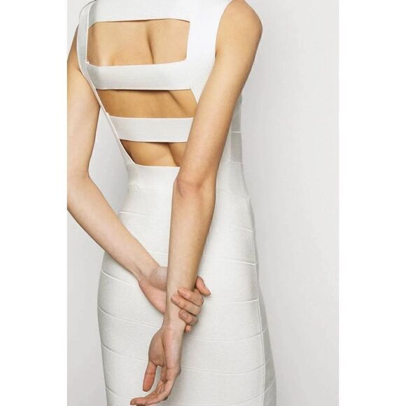 HERVÉ LÉGER White Size M Icon Bandage Square Neck Cutout Back Mini Dress Bridal - Picture 5 of 12